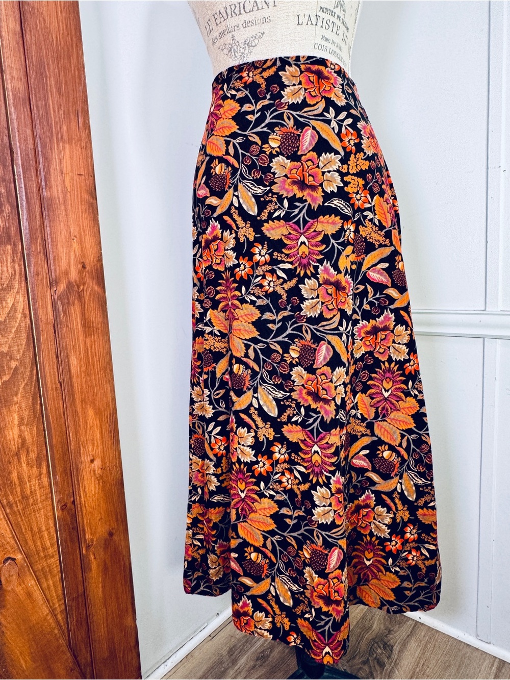 Vintage White Stag Black Maxi Skirt Corduroy Orange Fall Floral Pattern